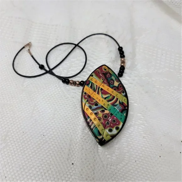 Modern Clay Colorful Necklace w/ Black Cord - Picture 3 of 9